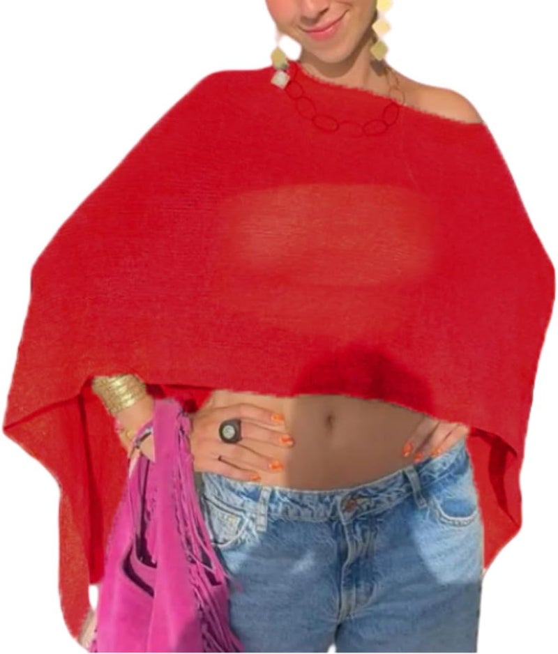 Argeousgor Women Sheer Poncho Top Lightweight Knit Crochet Shrug Bolero Mesh Batwing Sleeve Sweater Cover Up Beachwear - Image 1